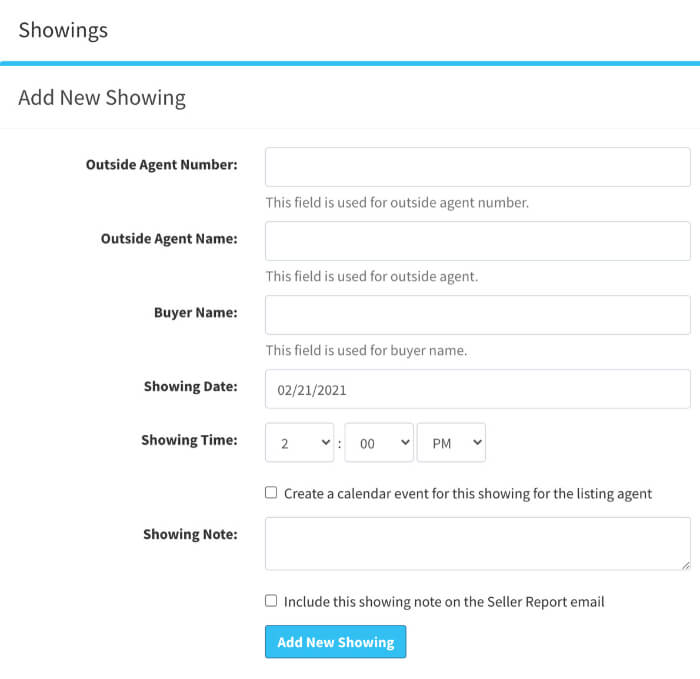 Interface to add showings