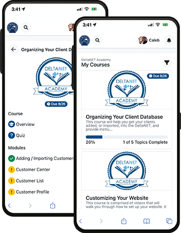 DeltaNET Academy on two phones — a course outline with modules and a My Courses dashboard showing progress through training courses.