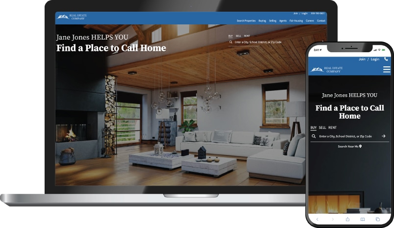 Ember theme &mdash; a real estate agent homepage on laptop and phone with a warm wood-and-stone living room hero and Find a Place to Call Home headline.