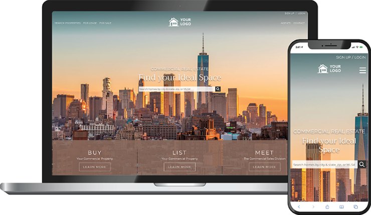 Keystone commercial theme &mdash; a commercial real estate homepage on laptop and phone with a city-skyline hero, Buy/List/Meet panels, and Find your Ideal Space headline.
