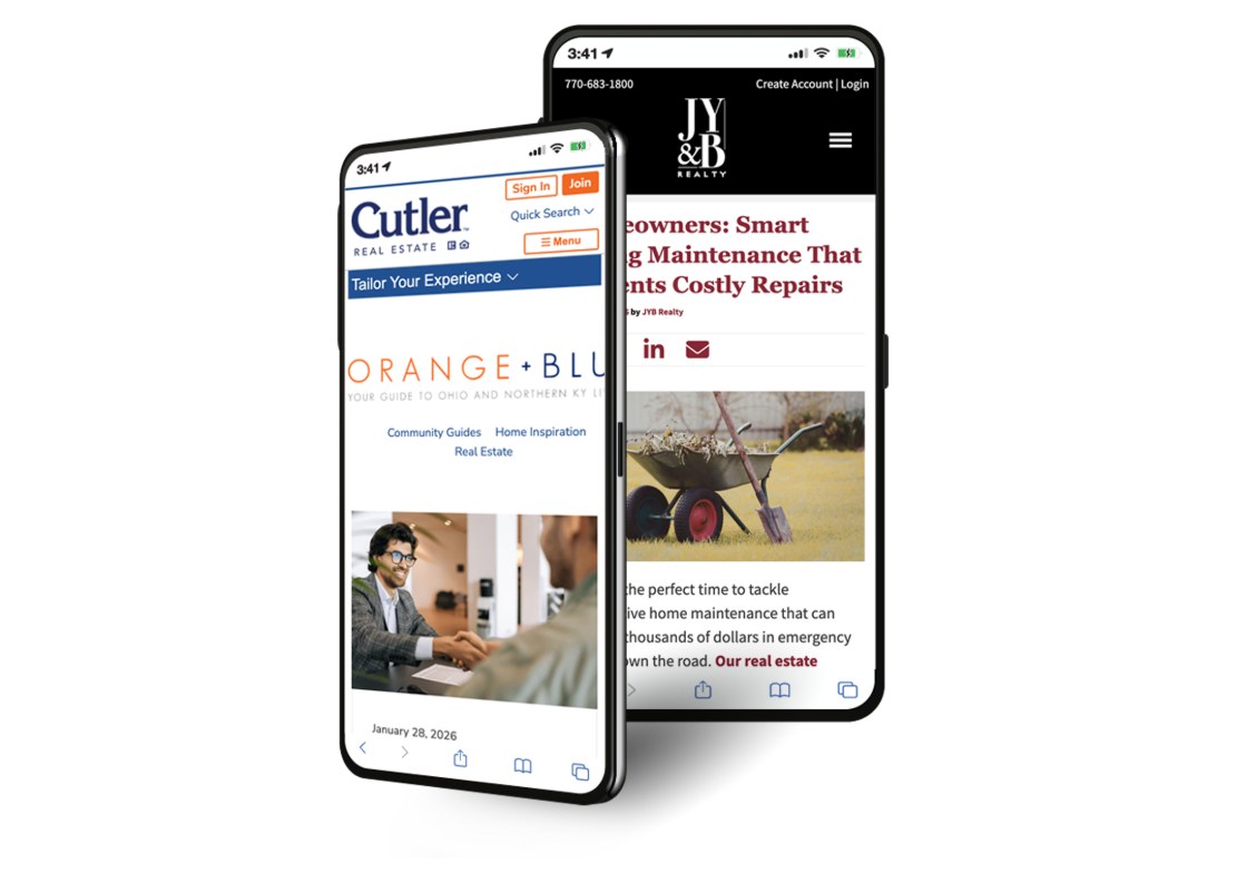 Two phones showing Delta-built real estate blog content &mdash; a Cutler Real Estate community guide and a JY&B Realty home-maintenance article.