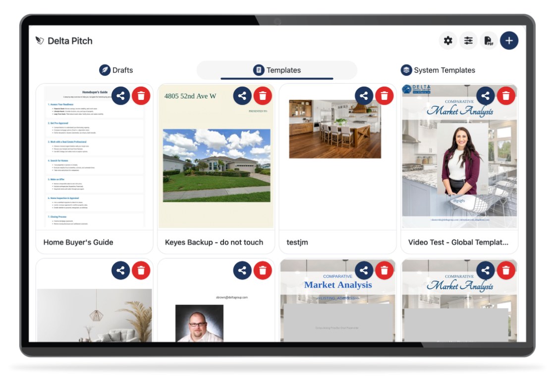Delta Pitch on a tablet &mdash; the Templates library showing a Homebuyer's Guide, listing template, and a branded Comparative Market Analysis.