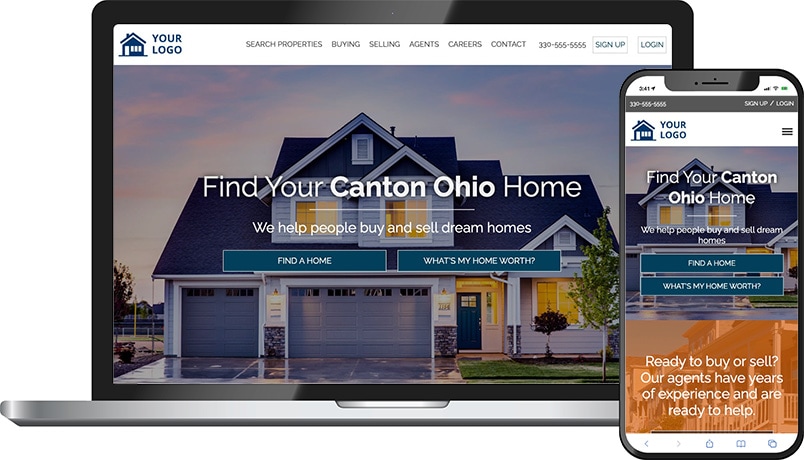 Alamo theme &mdash; a real estate homepage on laptop and phone with a two-story suburban home hero and Find Your Canton Ohio Home headline.
