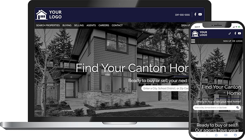 Bellevue theme &mdash; a real estate homepage on laptop and phone with a modern home exterior in black and white and Find Your Canton Home headline.