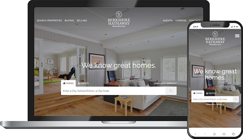 Berkshire Hathaway HomeServices theme &mdash; a real estate homepage on laptop and phone with a bright living room hero and We know great homes headline.