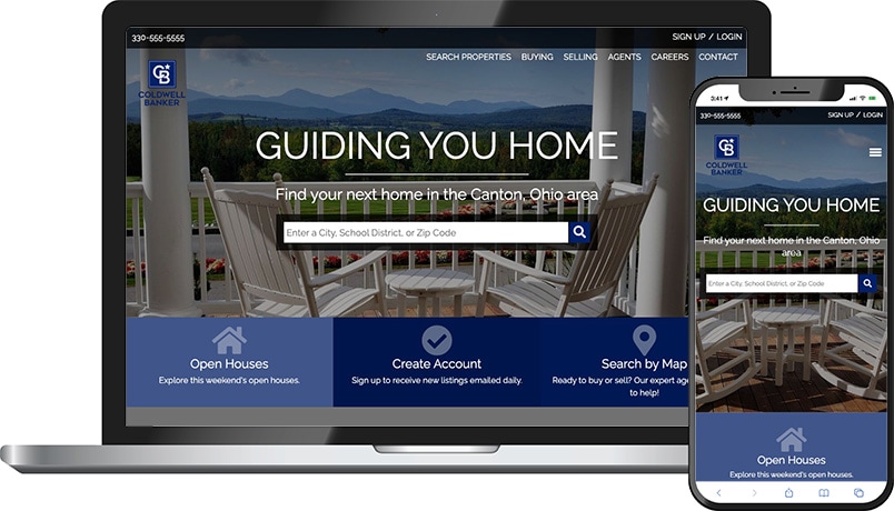 Coldwell Banker theme &mdash; a real estate homepage on laptop and phone with a mountain porch hero and Guiding You Home headline.