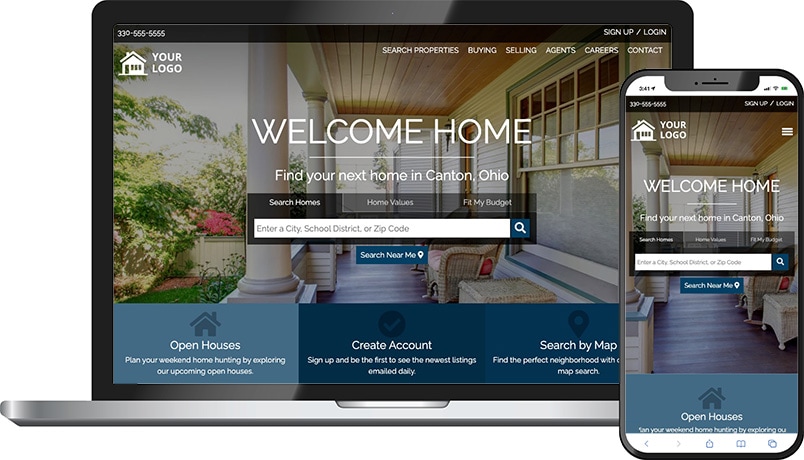 Elevation theme &mdash; a real estate homepage on laptop and phone with a front-porch hero and Welcome Home headline.