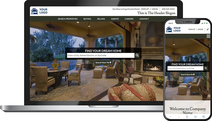 Enchanted theme &mdash; a real estate homepage on laptop and phone with a covered patio lounge hero and Find Your Dream Home search.