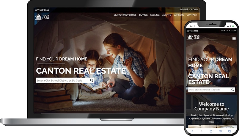 Enigma theme &mdash; a real estate homepage on laptop and phone with a mother and child reading in a fort hero and Canton Real Estate headline.