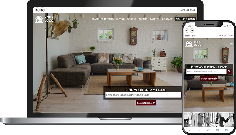 Leviathan theme &mdash; a real estate homepage on laptop and phone with a cozy living room hero and Find Your Dream Home search.