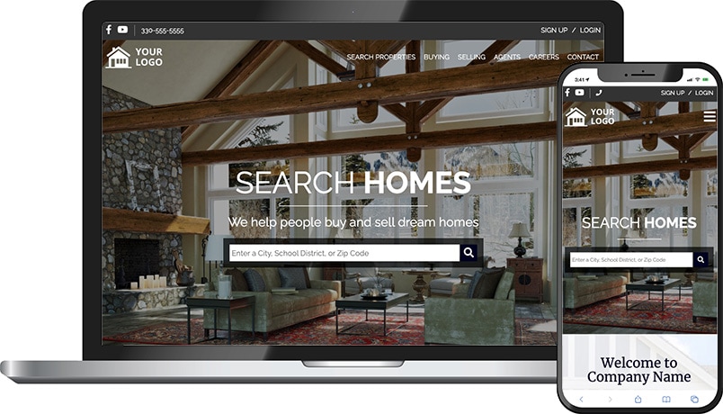 Revival theme &mdash; a real estate homepage on laptop and phone with a beamed great-room hero and Search Homes headline.