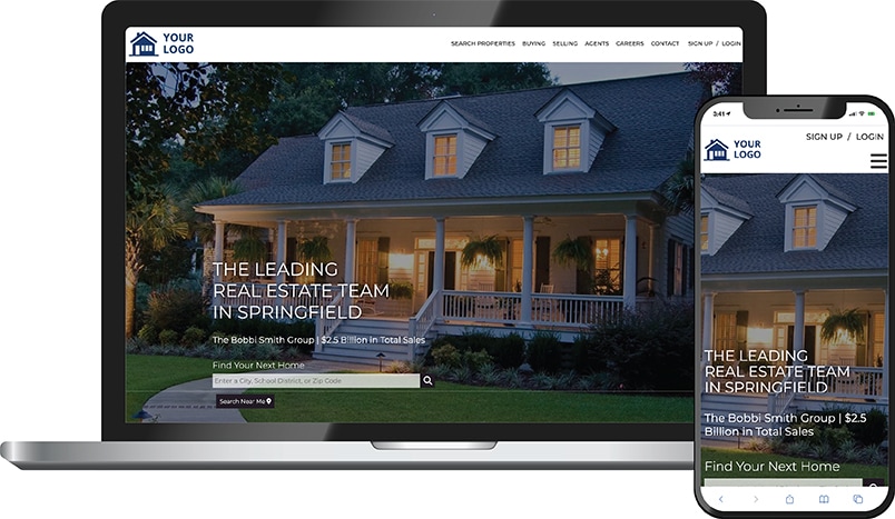Orion team theme &mdash; a real estate team homepage on laptop and phone with a porch home hero and The Leading Real Estate Team headline.