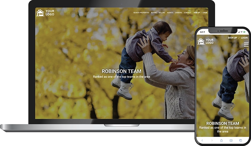 Haven team theme &mdash; a real estate team homepage on laptop and phone with a lifestyle family hero and Robinson Team headline.