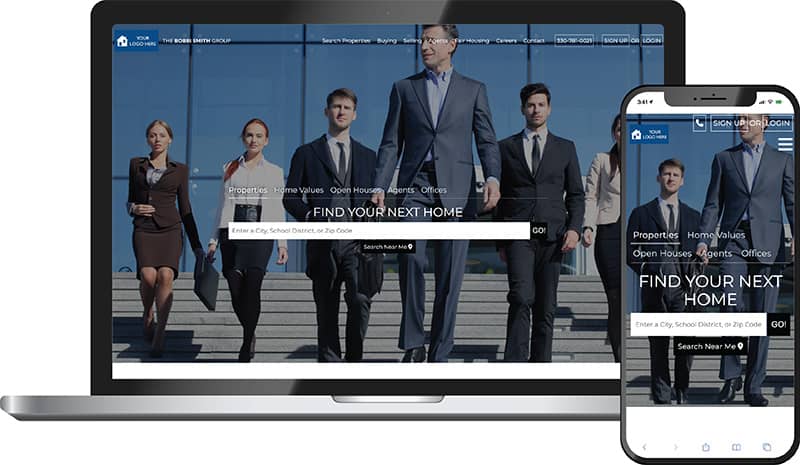 Ascent team theme &mdash; a real estate team homepage on laptop and phone with a team walking hero and Find Your Next Home headline.