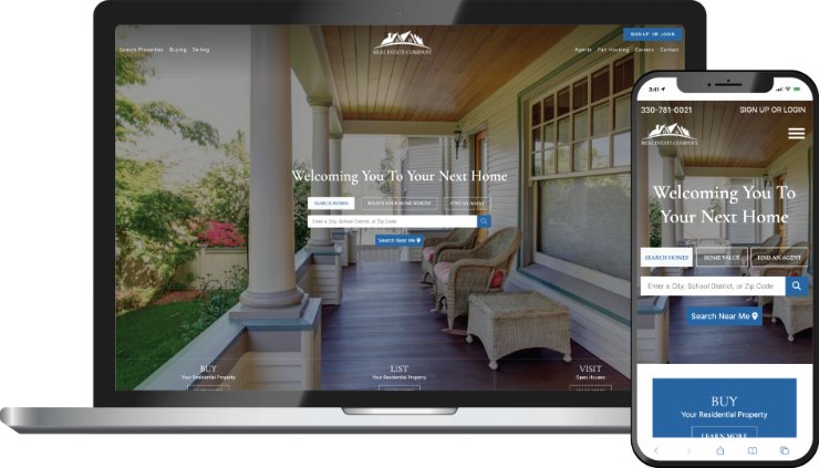 Bold Outlook theme &mdash; a real estate homepage on laptop and phone with a full-bleed front-porch hero and property search.