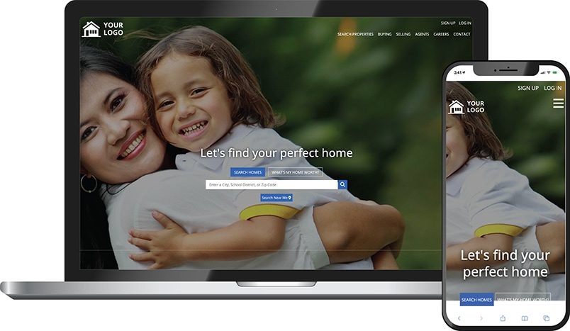 Cypress theme &mdash; a real estate homepage on laptop and phone with a mother and child hero and Let's find your perfect home headline.