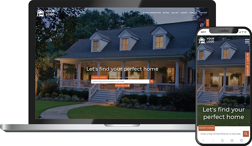Horizon theme &mdash; a real estate homepage on laptop and phone with a dusk front-porch home hero and Let's find your perfect home headline.