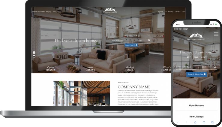 Modern Ascent theme &mdash; a real estate homepage on laptop and phone with a loft living-room hero and Find your dream home headline.