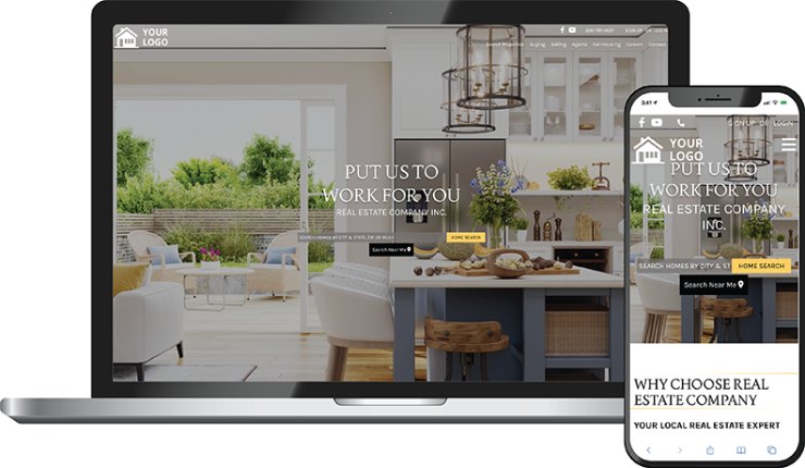 New Era theme &mdash; a real estate homepage on laptop and phone with an open-concept kitchen and patio hero and Put us to work for you headline.