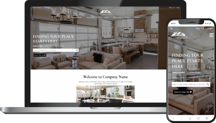Next Horizon theme &mdash; a real estate homepage on laptop and phone with a loft living-room hero and Finding your place starts here headline.