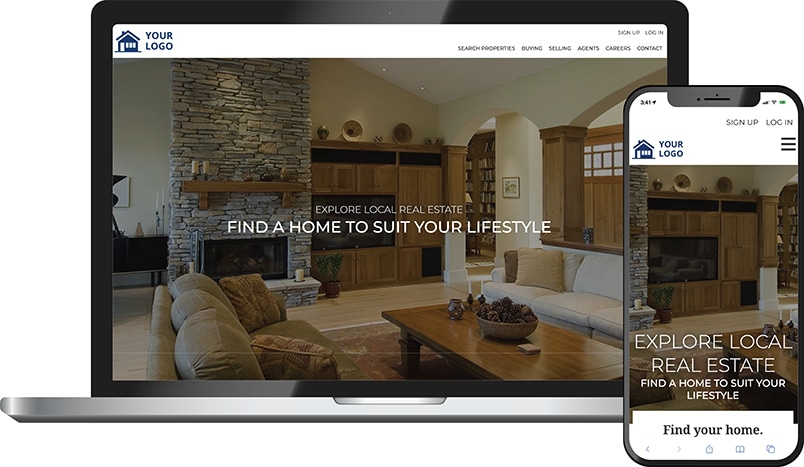 Summit theme &mdash; a real estate homepage on laptop and phone with a warm living-room hero and Explore Local Real Estate headline.