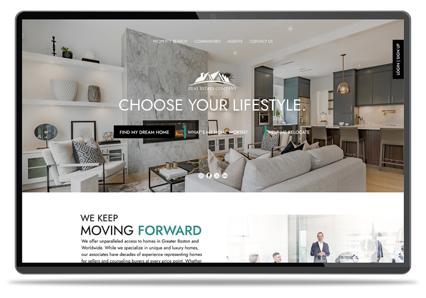 A Delta Media Group real estate website shown on a laptop &mdash; a luxury home hero with Property Search, Communities, and Agents navigation.